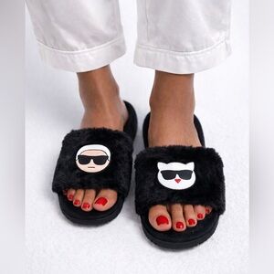 Karl Lagerfeld Black Fuzzy Slides with Iconic Motif